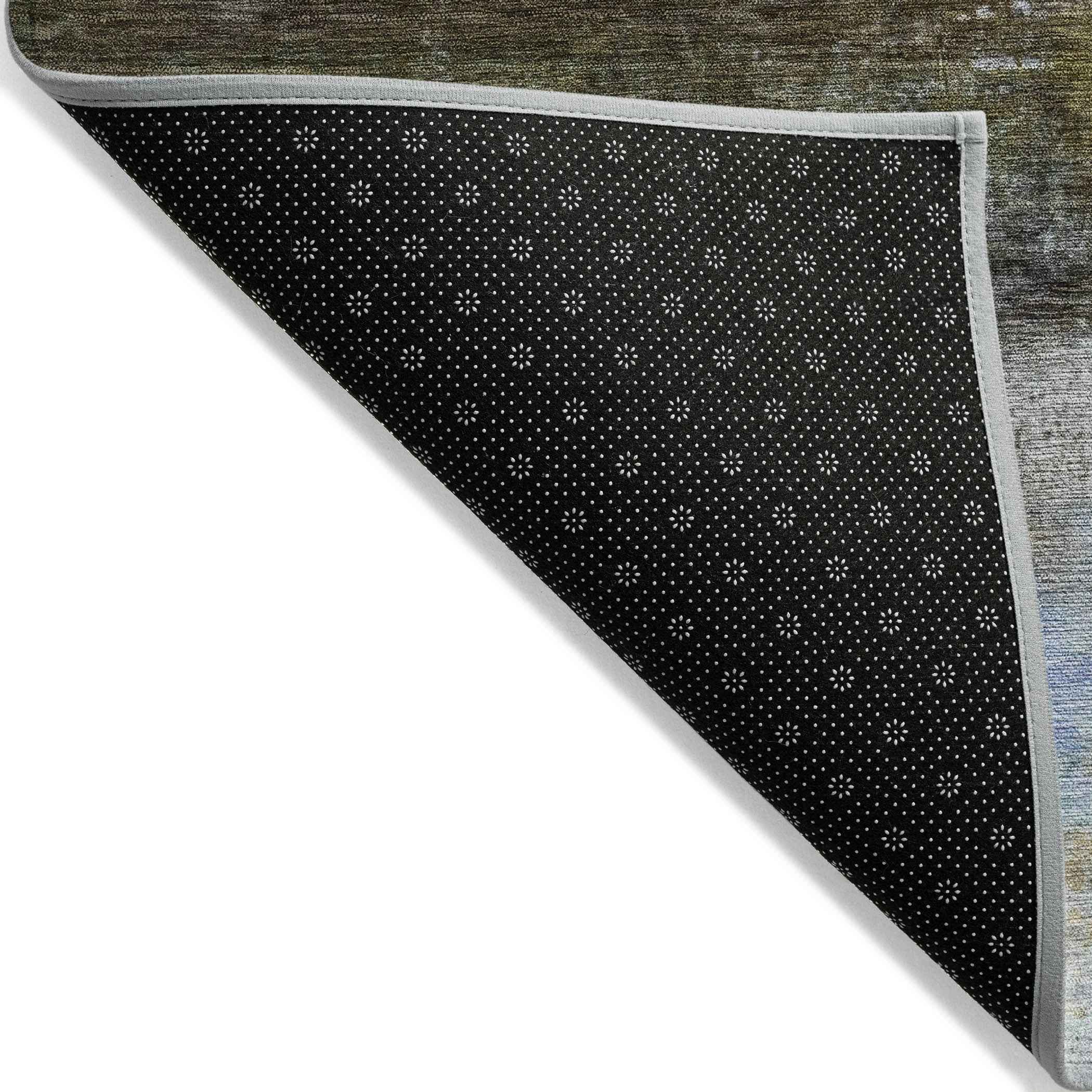 8' Brown Teal Blue And Blush Round Abstract Washable Indoor Outdoor Area Rug