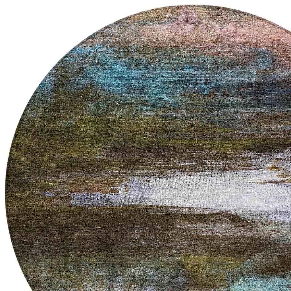 8' Brown Teal Blue And Blush Round Abstract Washable Indoor Outdoor Area Rug