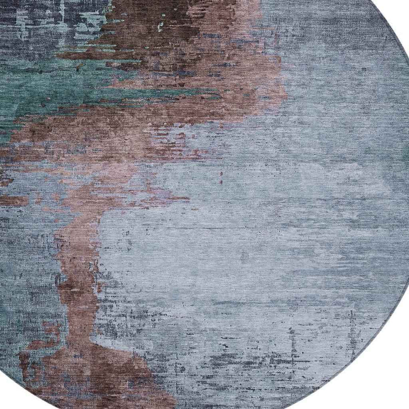 8' Blue Brown And Mauve Round Abstract Washable Indoor Outdoor Area Rug