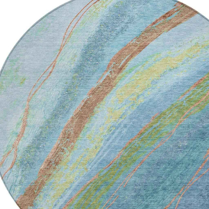 8' Blue Copper And Green Round Abstract Washable Indoor Outdoor Area Rug