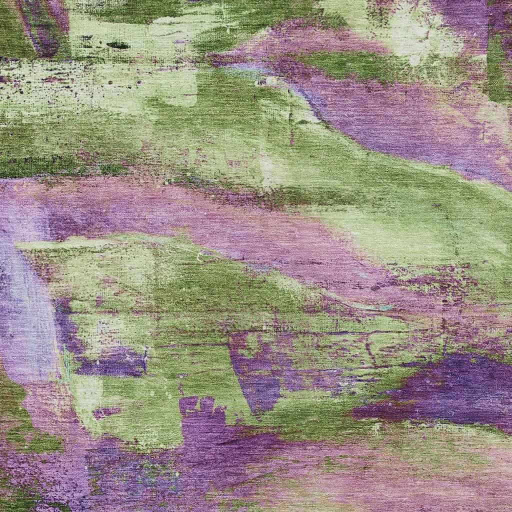 9' X 12' Purple Plum And Green Abstract Washable Indoor Outdoor Area Rug
