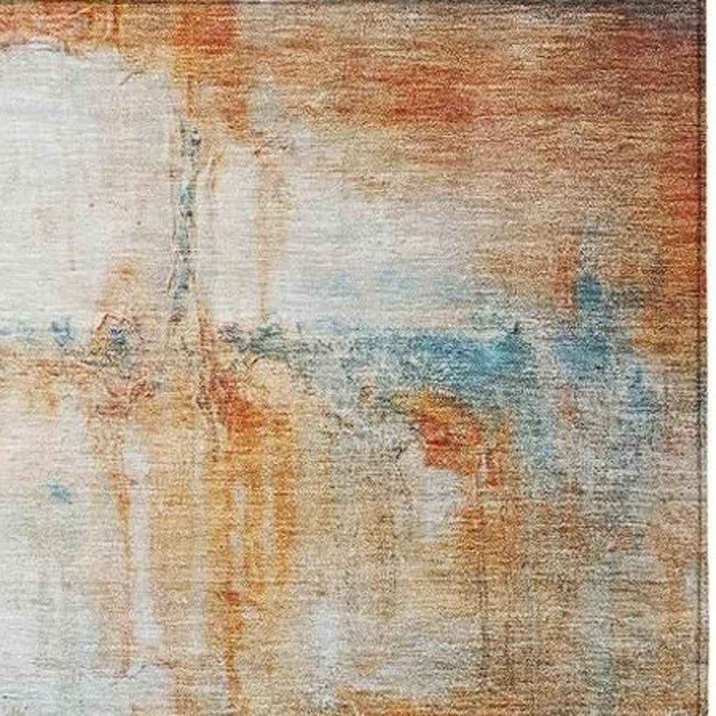 9' X 12' Rust Gray And Blue Abstract Washable Indoor Outdoor Area Rug