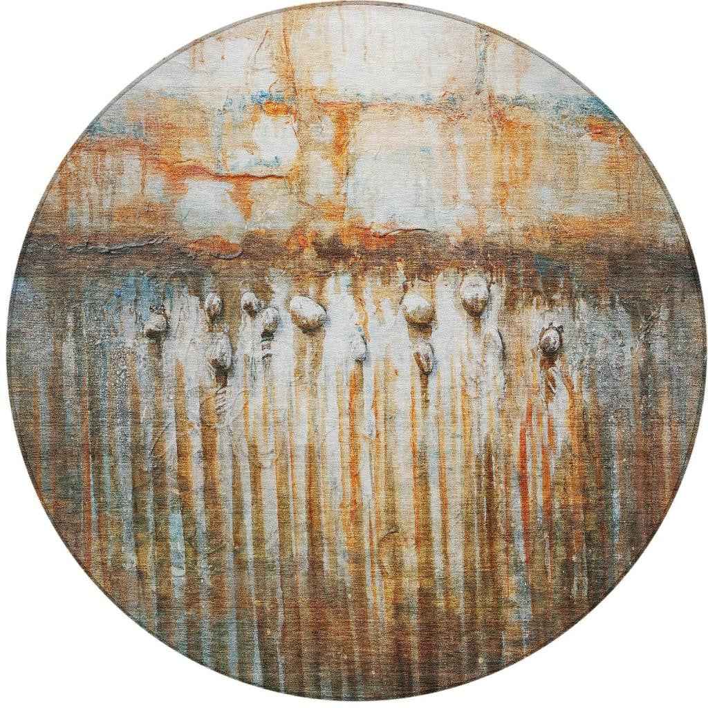 8' Rust Gray And Blue Round Abstract Washable Indoor Outdoor Area Rug