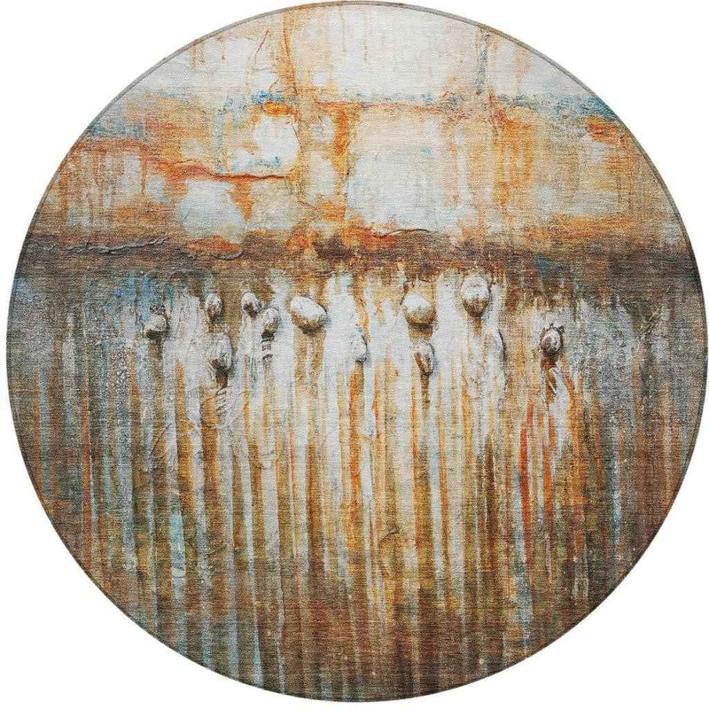 8' Rust Gray And Blue Round Abstract Washable Indoor Outdoor Area Rug