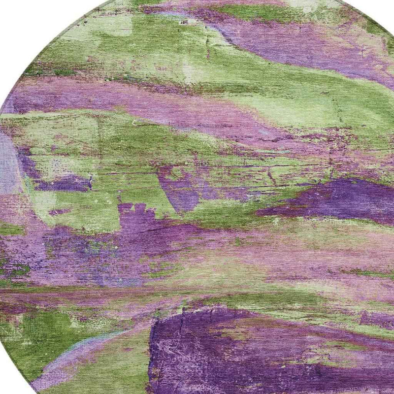 8' Purple Plum And Green Round Abstract Washable Indoor Outdoor Area Rug