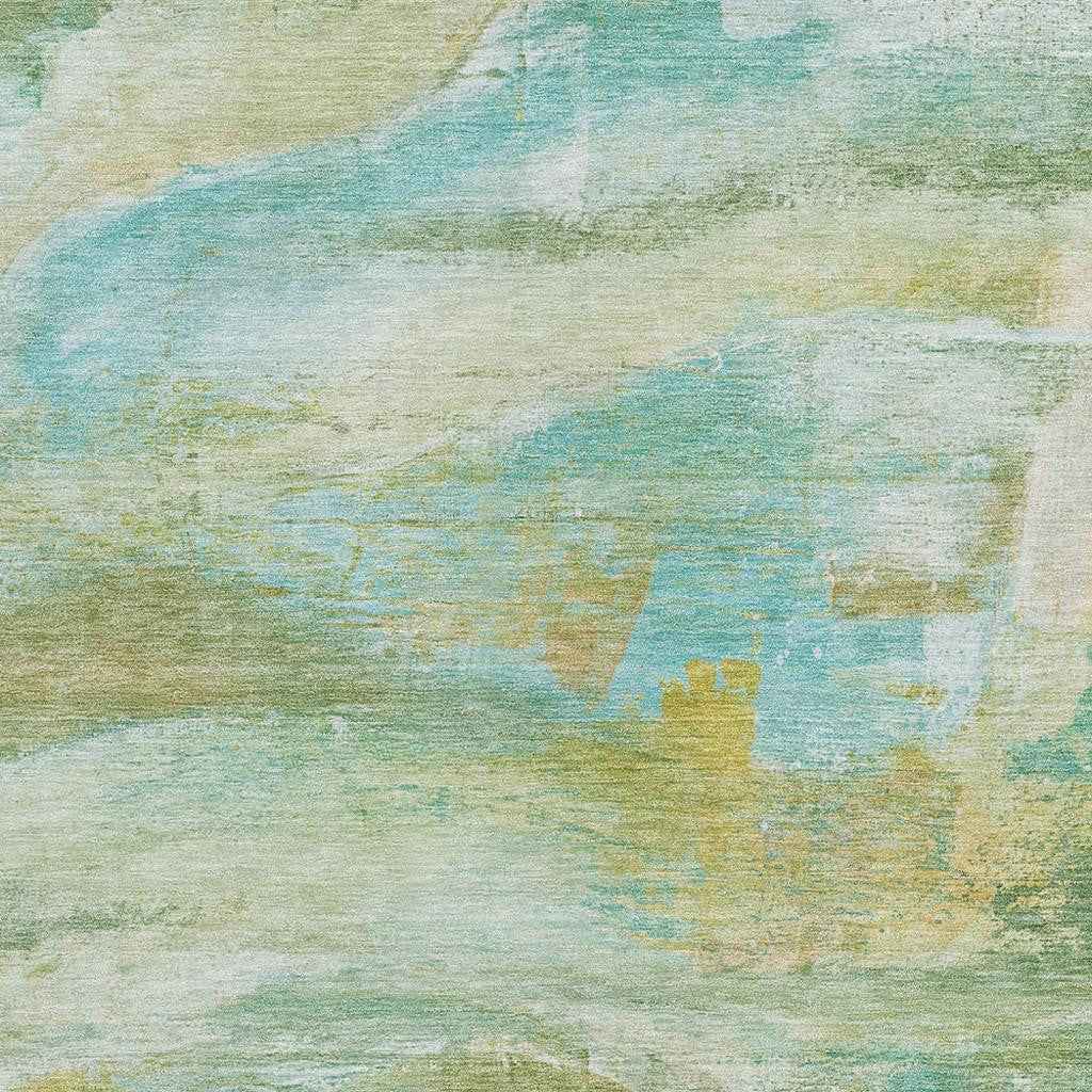 9' X 12' Green Teal Blue And Copper Abstract Washable Indoor Outdoor Area Rug