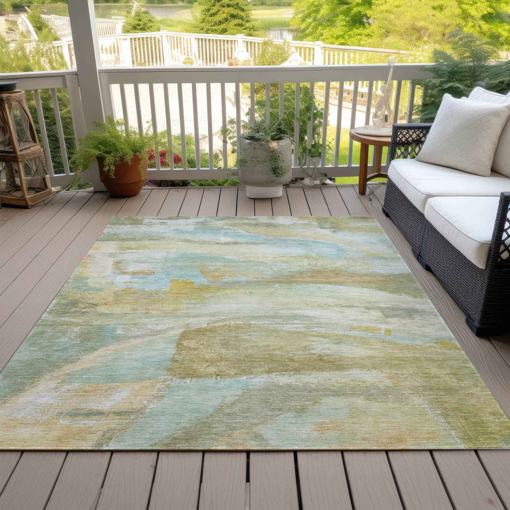 3' X 5' Beige Sky Blue And Ivory Abstract Washable Indoor Outdoor Area Rug