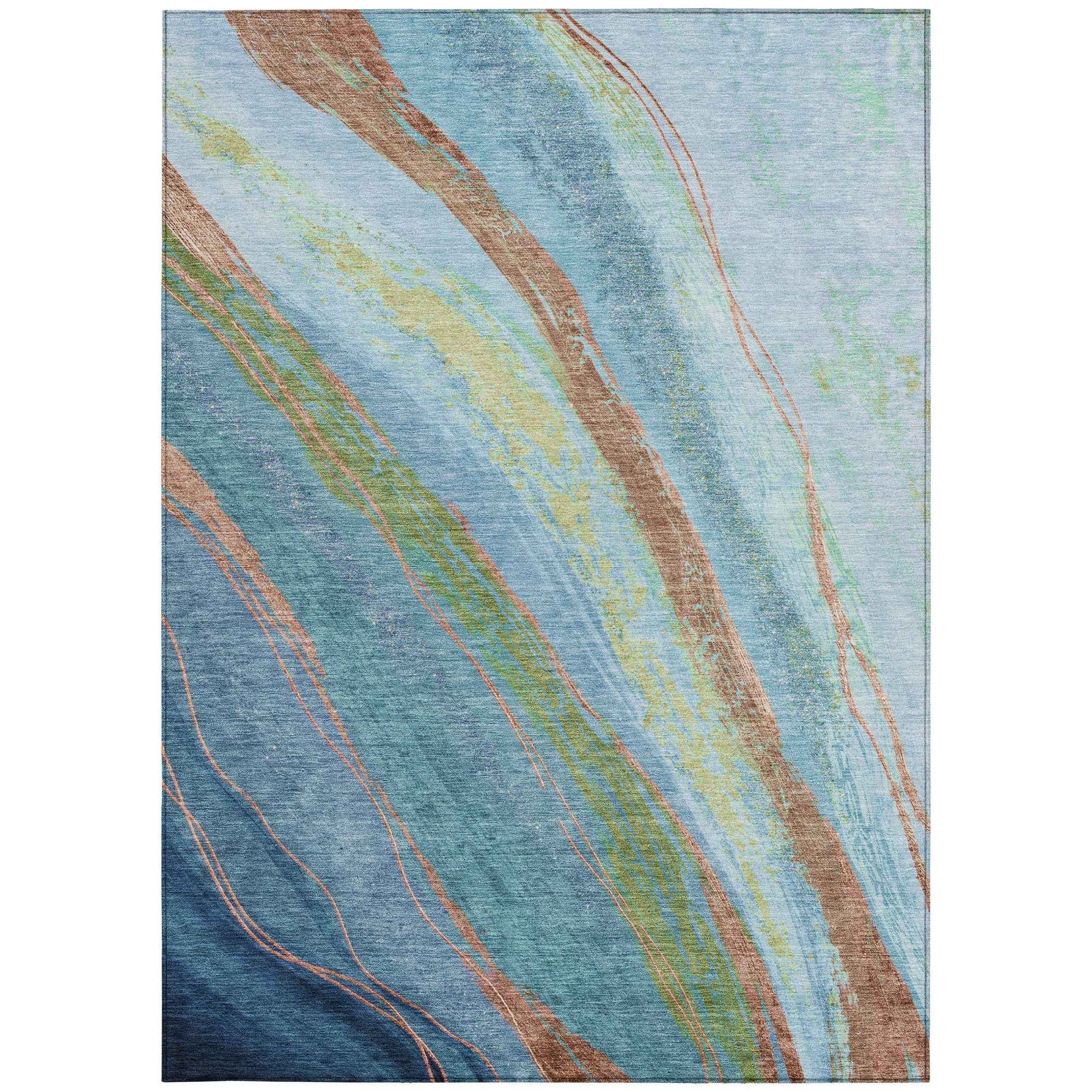 8' X 10' Blue Copper And Green Abstract Washable Indoor Outdoor Area Rug