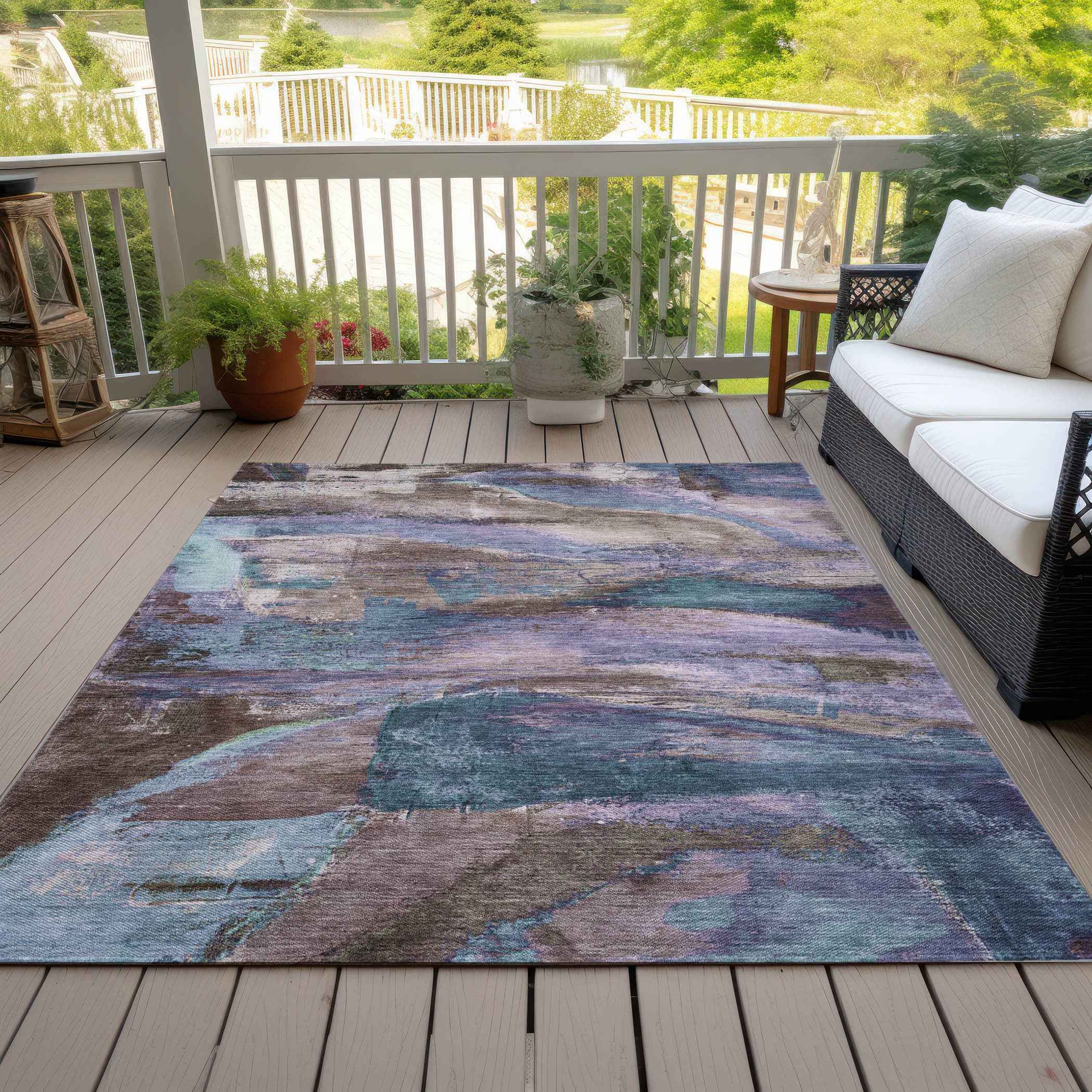 3' X 5' Brown Purple And Teal Blue Abstract Washable Indoor Outdoor Area Rug