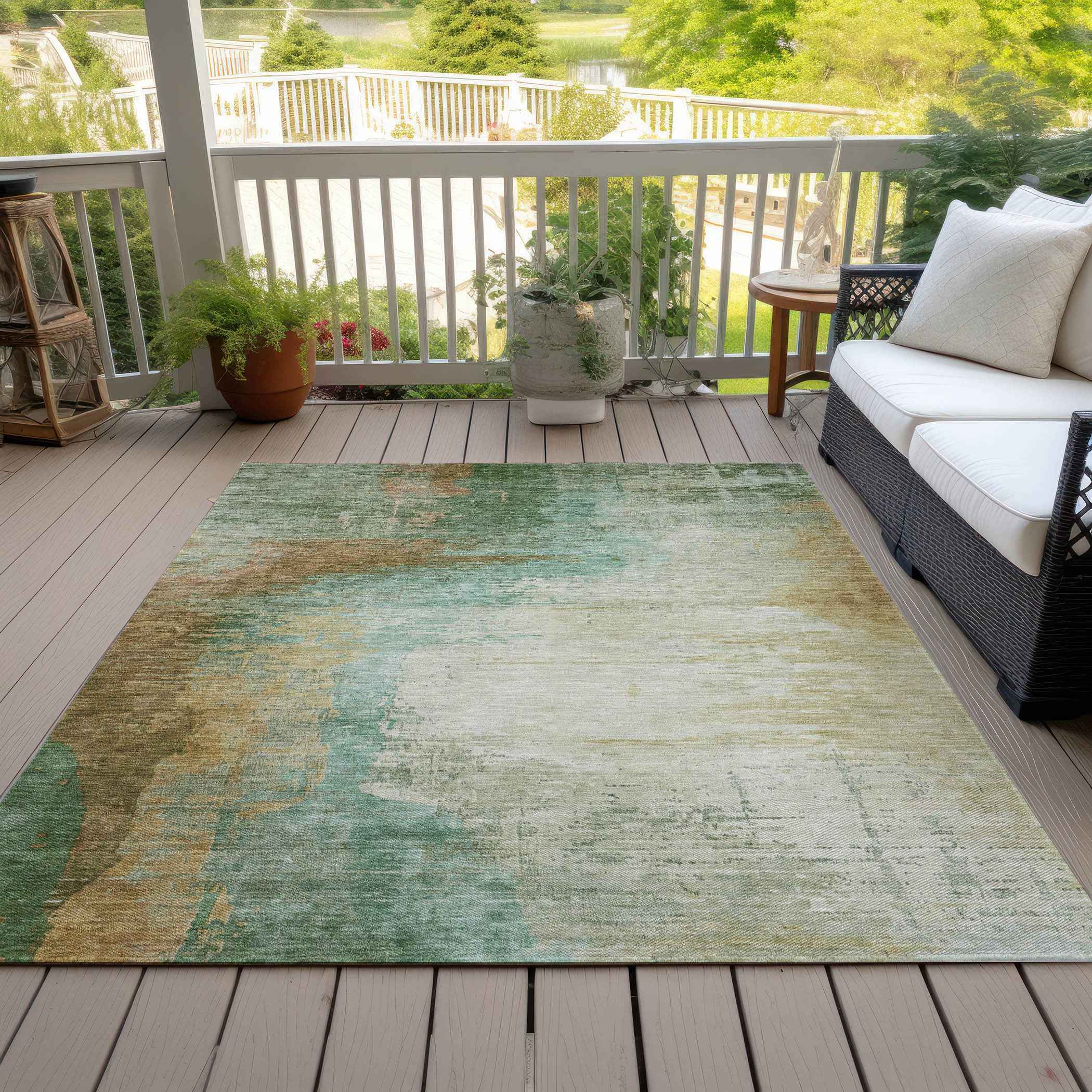 9' X 12' Artichoke Green Brown And Beige Abstract Washable Indoor Outdoor Area Rug