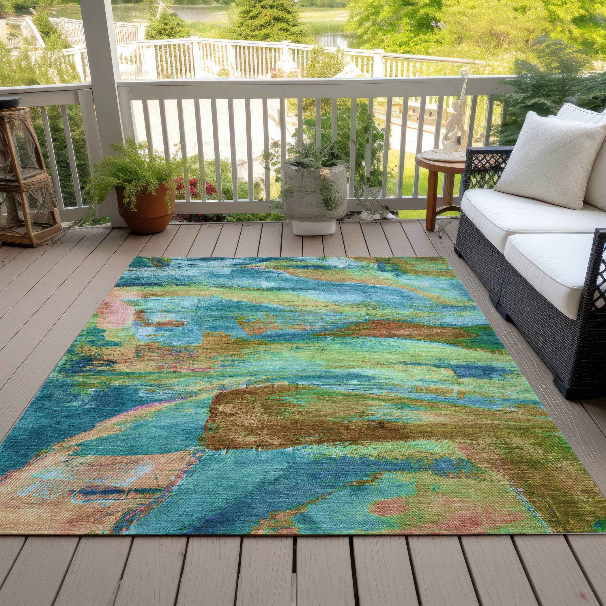 10' X 14' Teal Blue Lime Green And Blush Abstract Washable Indoor Outdoor Area Rug