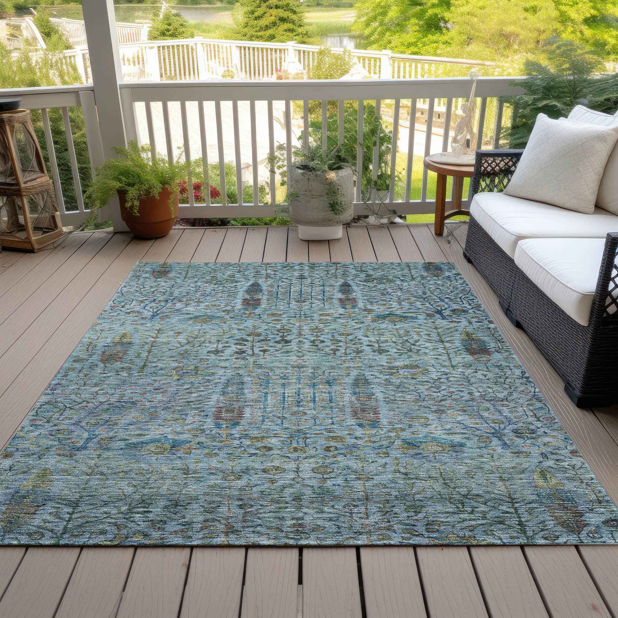 8' X 10' Teal Blue And Pale Aqua Floral Washable Indoor Outdoor Area Rug