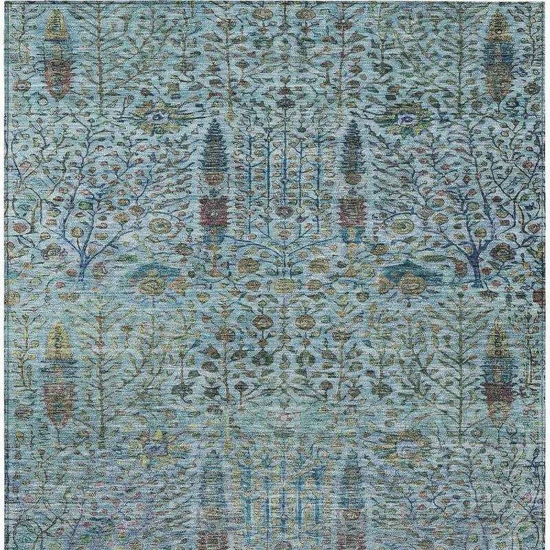 8' X 10' Teal Blue And Pale Aqua Floral Washable Indoor Outdoor Area Rug