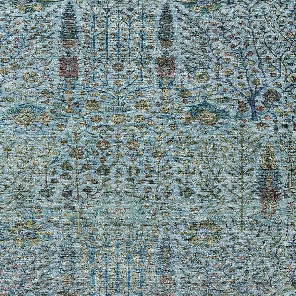 8' X 10' Teal Blue And Pale Aqua Floral Washable Indoor Outdoor Area Rug