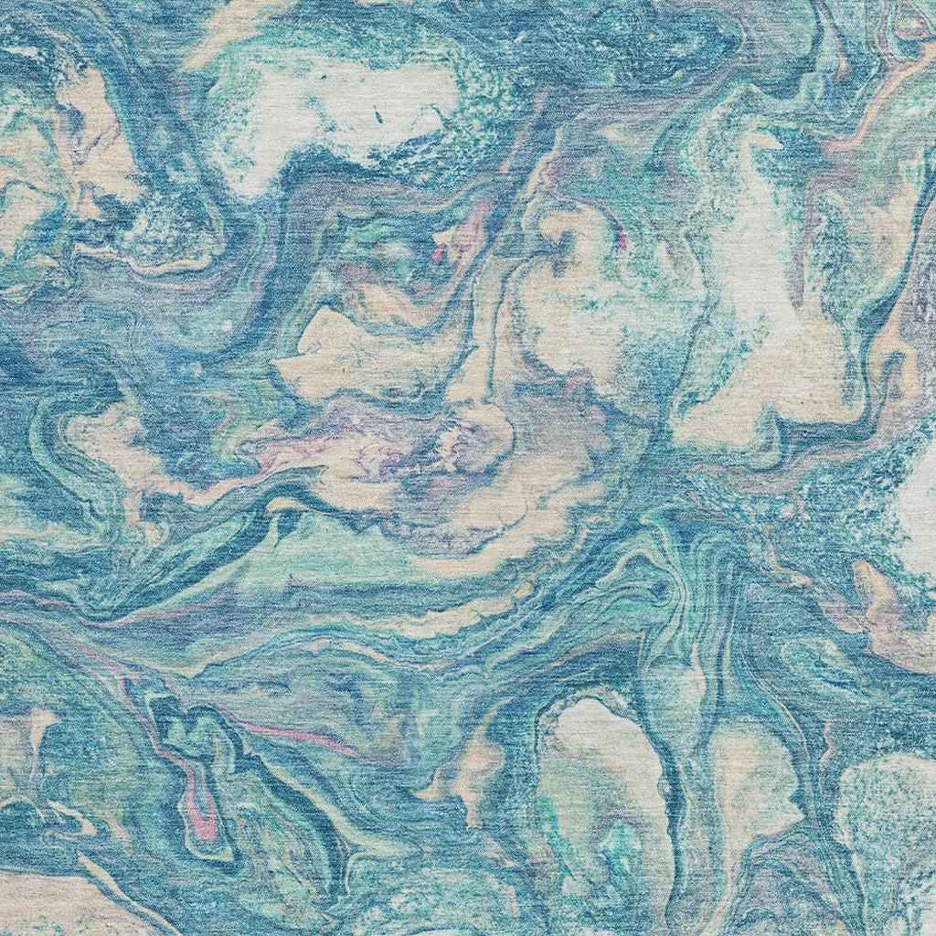 8' X 10' Teal Blue And Ivory Abstract Washable Indoor Outdoor Area Rug