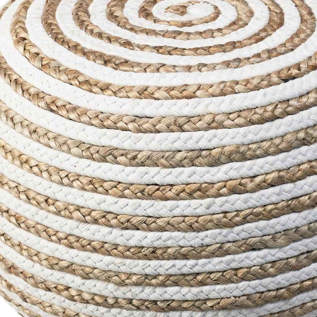 20" White Cotton Blend Round Striped Pouf Ottoman