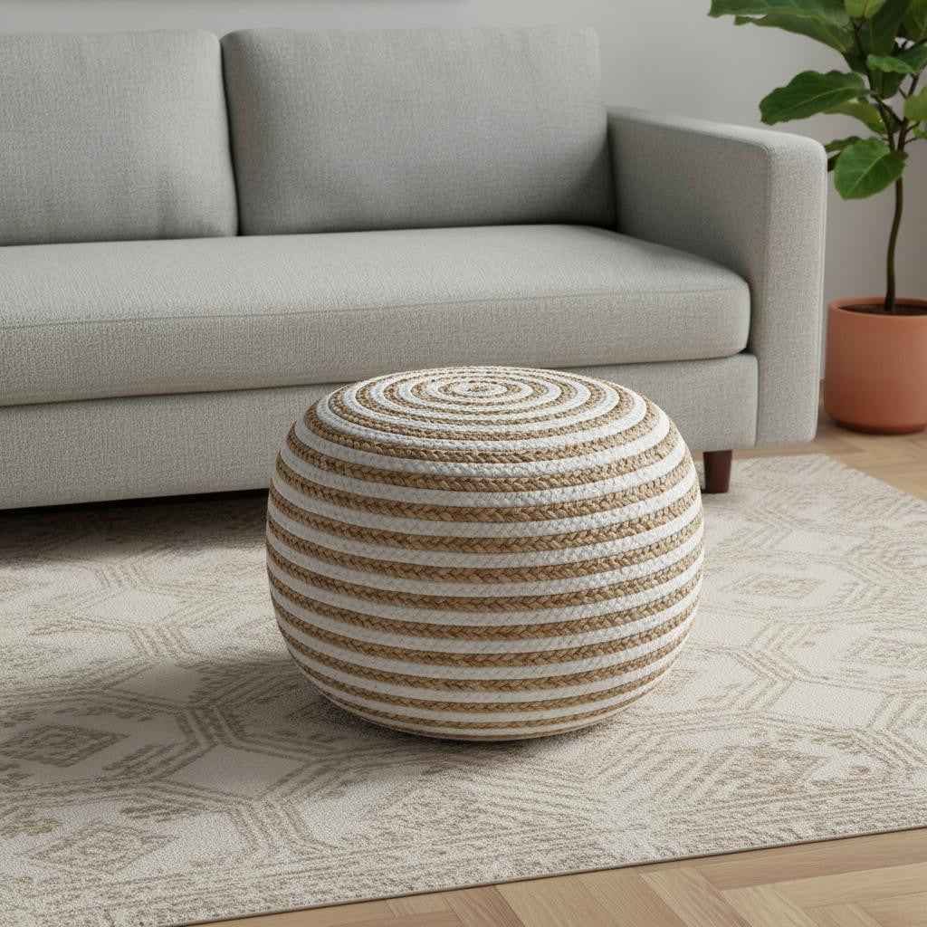 20" White Cotton Blend Round Striped Pouf Ottoman