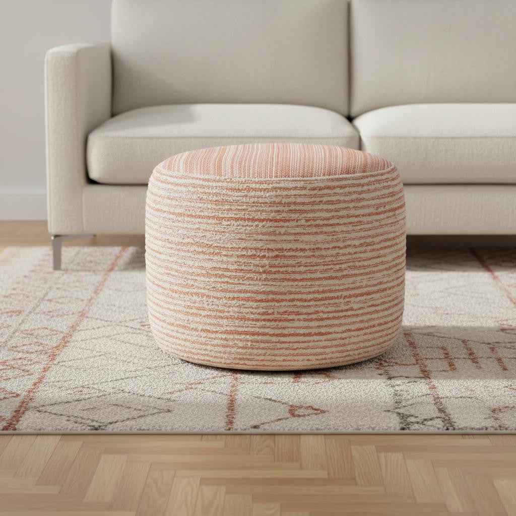 18" Pink Fabric Cylinder Striped Pouf Ottoman