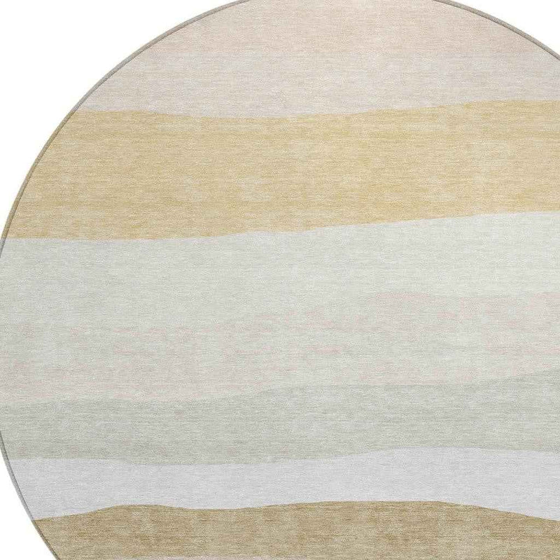 8' Wheat Gold And Beige Round Striped Washable Indoor Outdoor Area Rug