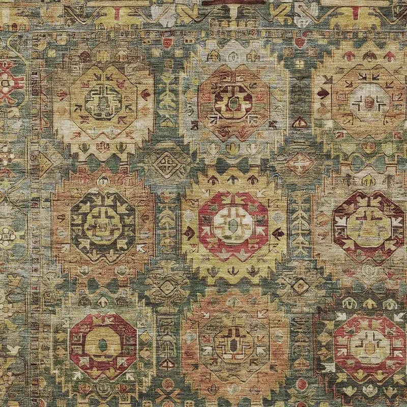 10' X 14' Artichoke Green Gold And Beige Medallion Washable Indoor Outdoor Area Rug