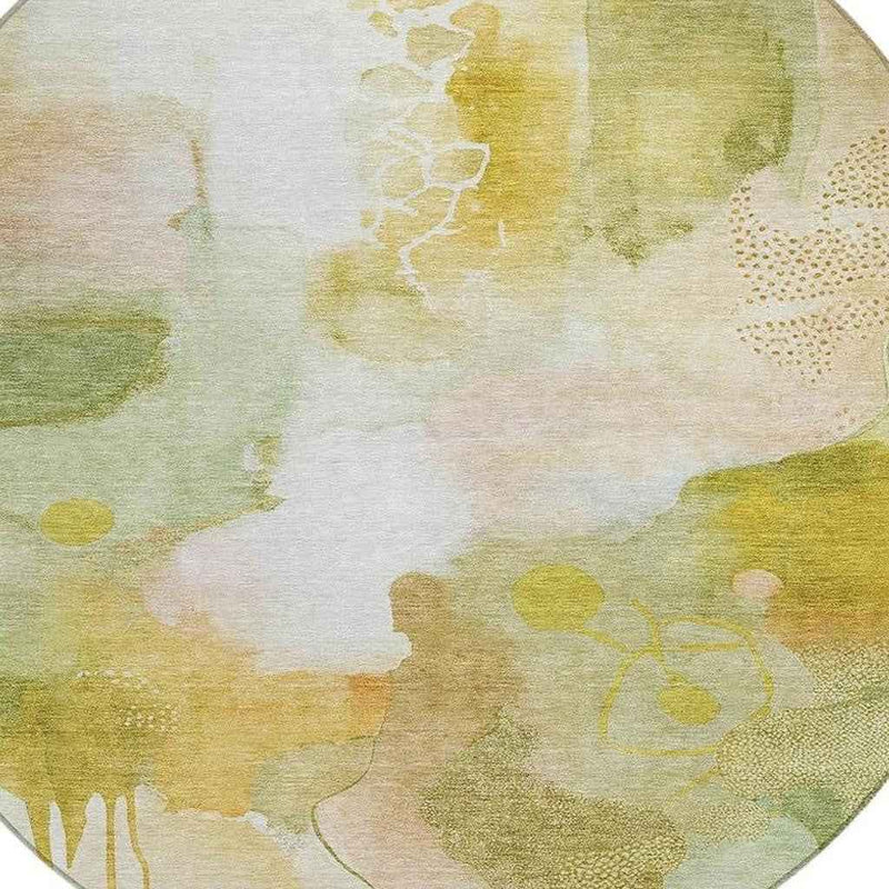 8' Fern Green Gold And Ivory Round Abstract Washable Indoor Outdoor Area Rug