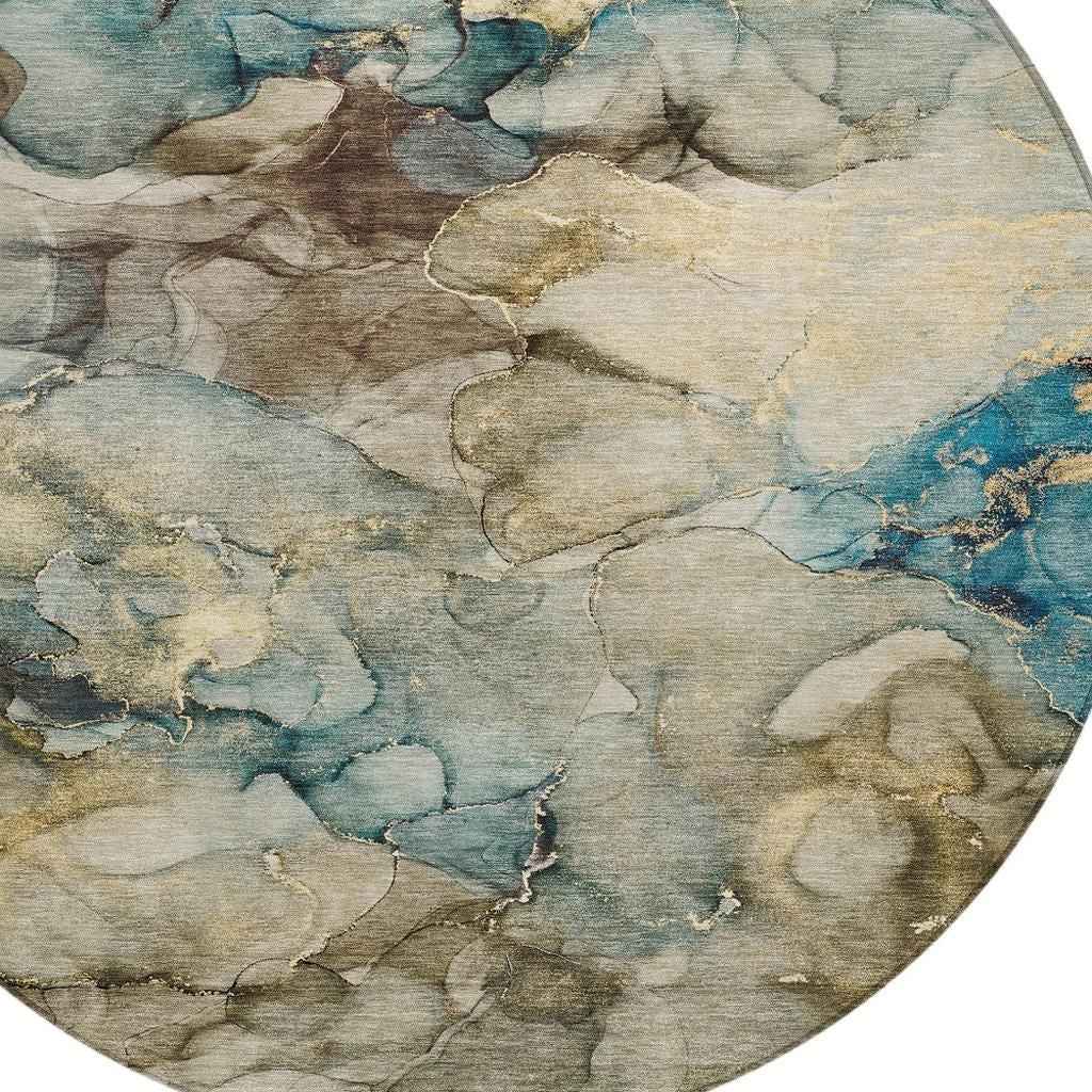 8' Brown And Teal Blue Round Abstract Washable Indoor Outdoor Area Rug