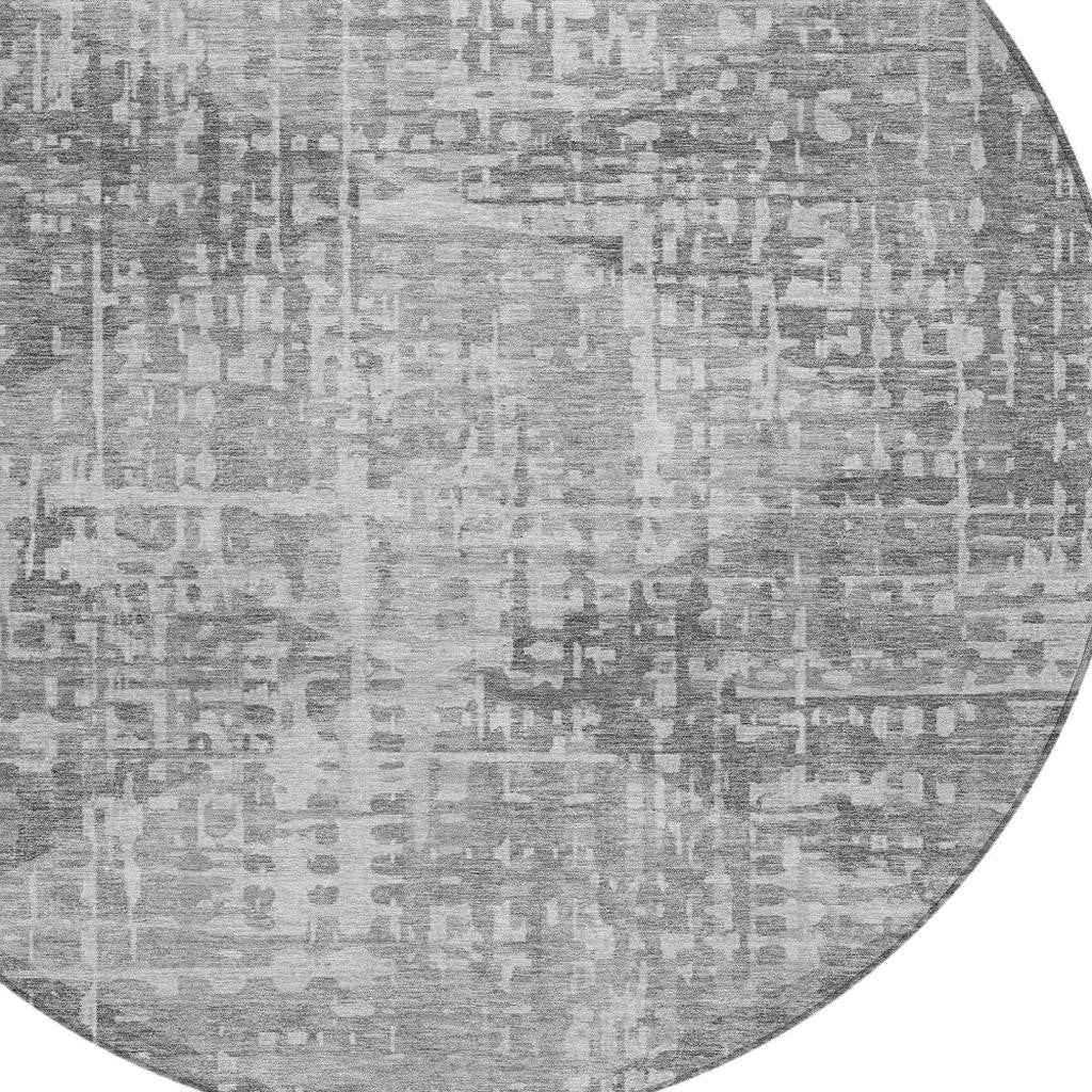 8' Gray And Silver Round Geometric Washable Indoor Outdoor Area Rug