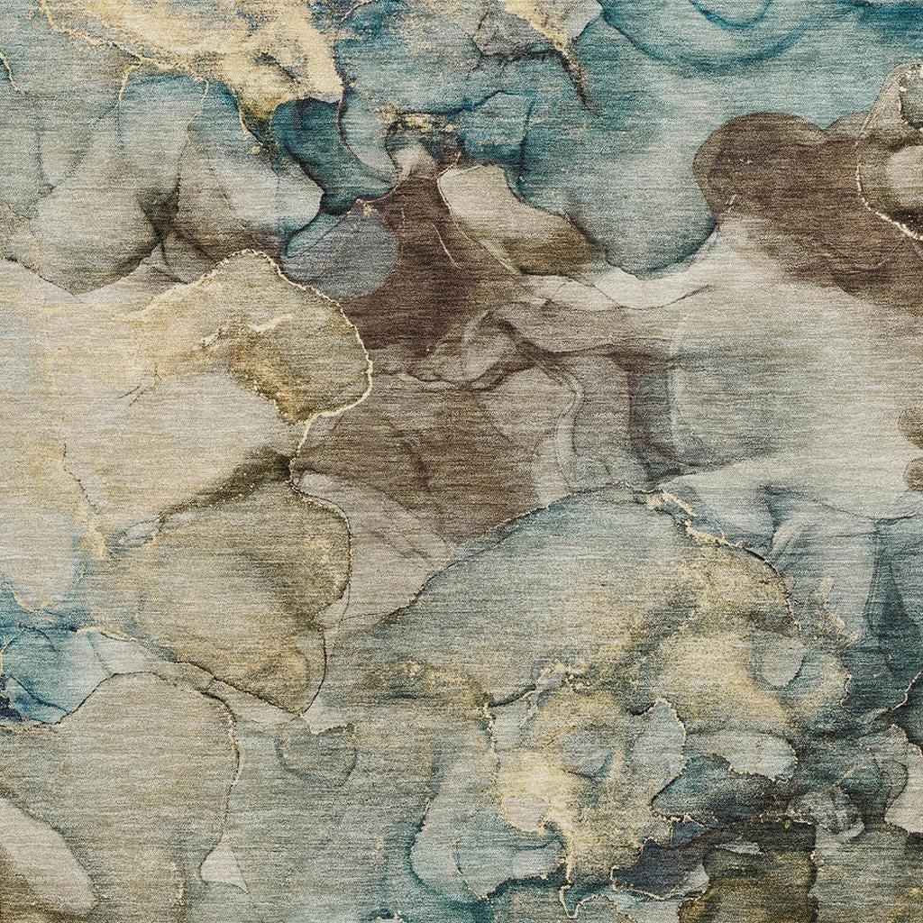 8' X 10' Brown And Teal Blue Abstract Washable Indoor Outdoor Area Rug