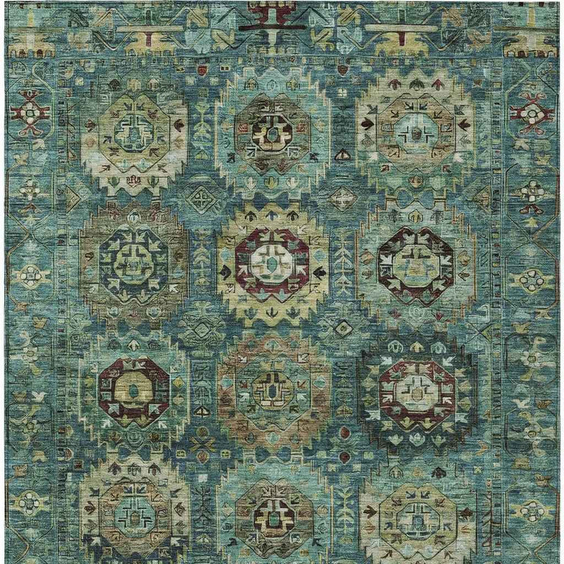 5' X 8' Teal Blue Brown And Taupe Medallion Washable Indoor Outdoor Area Rug