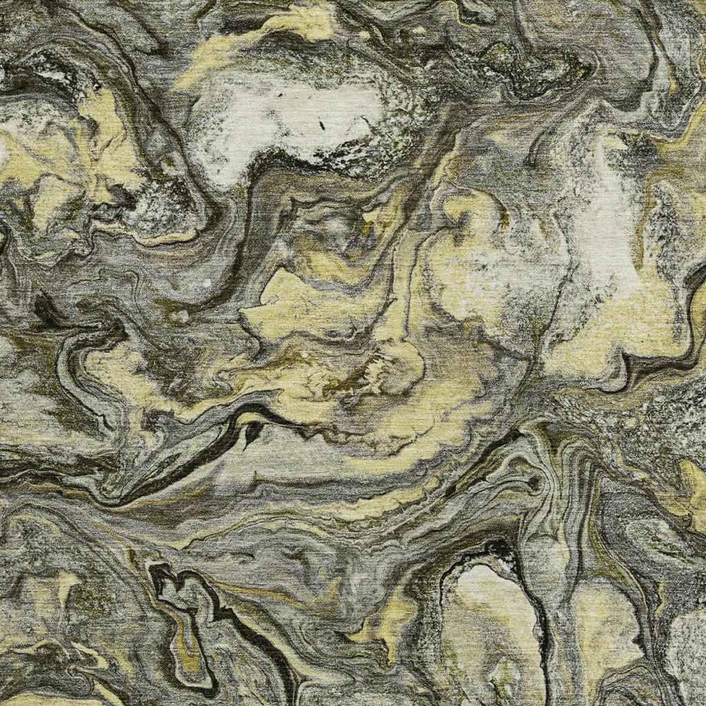 3' X 5' Pewter And Gold Abstract Washable Indoor Outdoor Area Rug