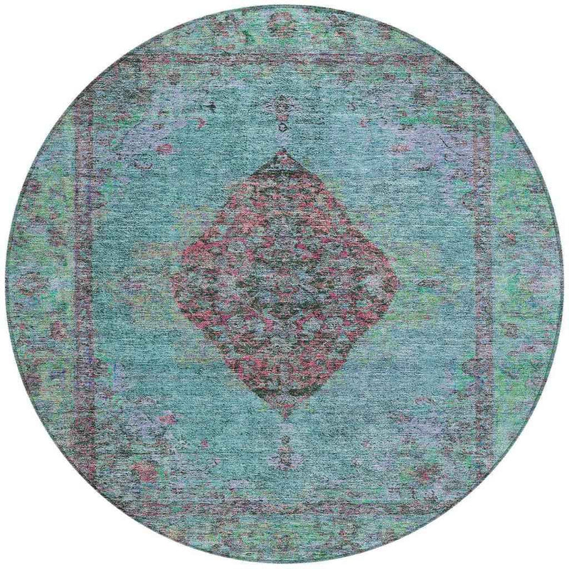 8' Aqua And Mauve Round Medallion Washable Indoor Outdoor Area Rug