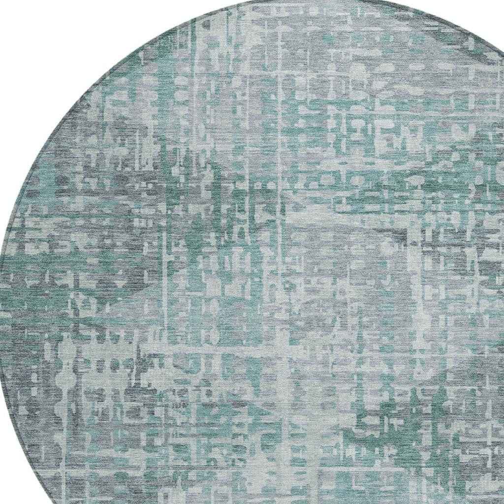 8' Teal Blue And Gray Round Geometric Washable Indoor Outdoor Area Rug