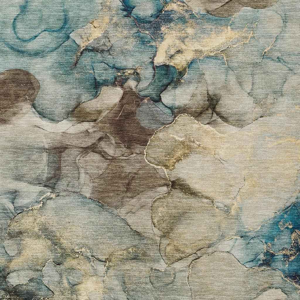 5' X 8' Brown And Teal Blue Abstract Washable Indoor Outdoor Area Rug