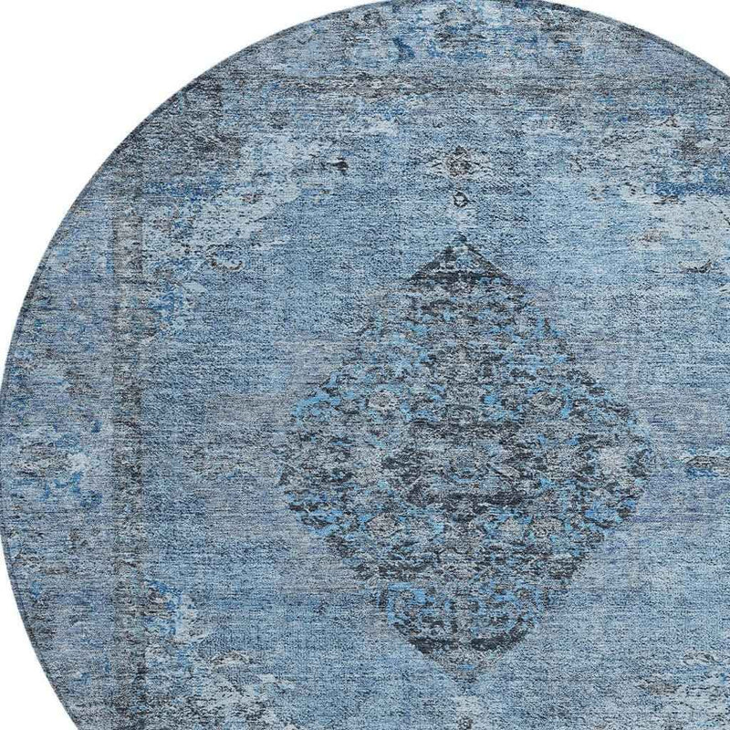 8' Denim Blue And Gray Round Medallion Washable Indoor Outdoor Area Rug