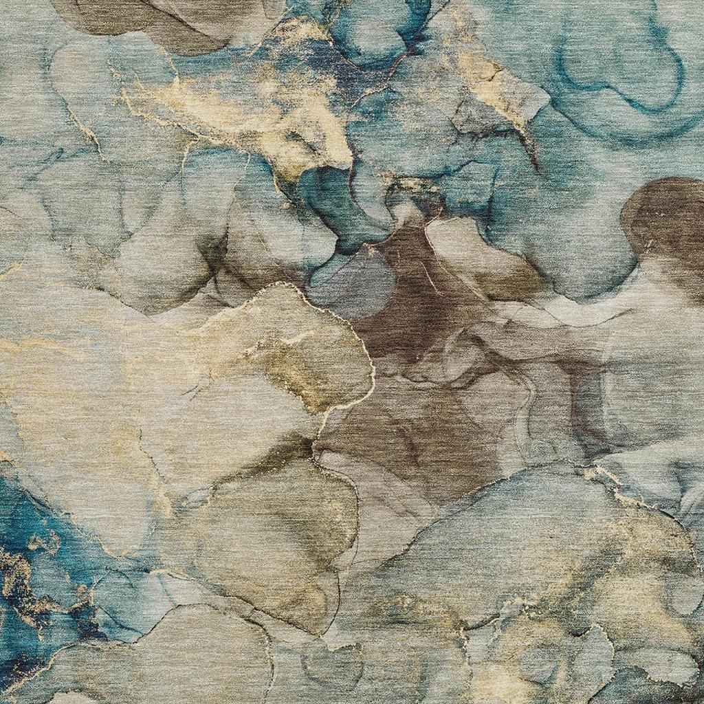 9' X 12' Brown And Teal Blue Abstract Washable Indoor Outdoor Area Rug