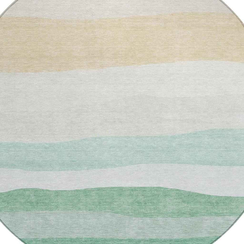8' Teal Blue Green And Ivory Round Striped Washable Indoor Outdoor Area Rug