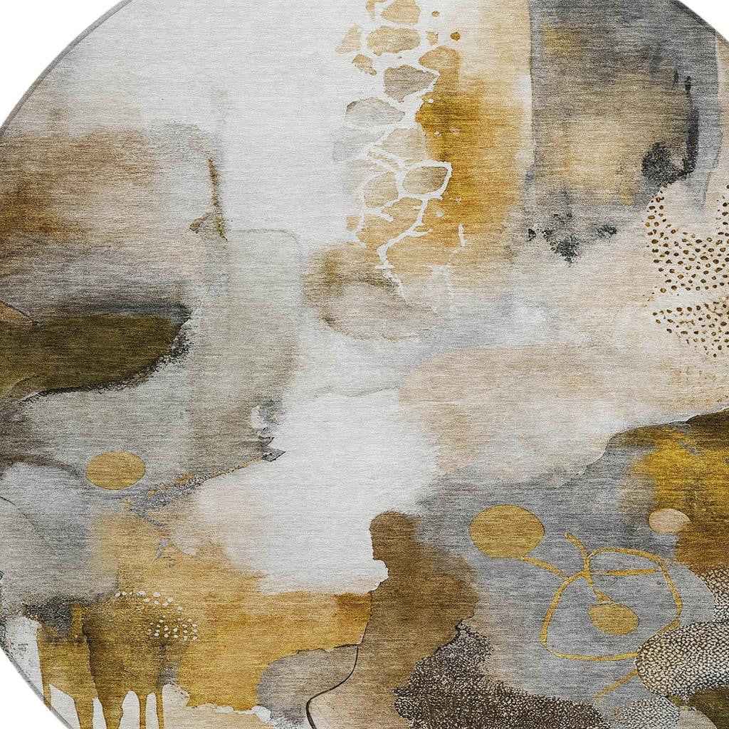 8' Brown Charcoal And Ivory Round Abstract Washable Indoor Outdoor Area Rug