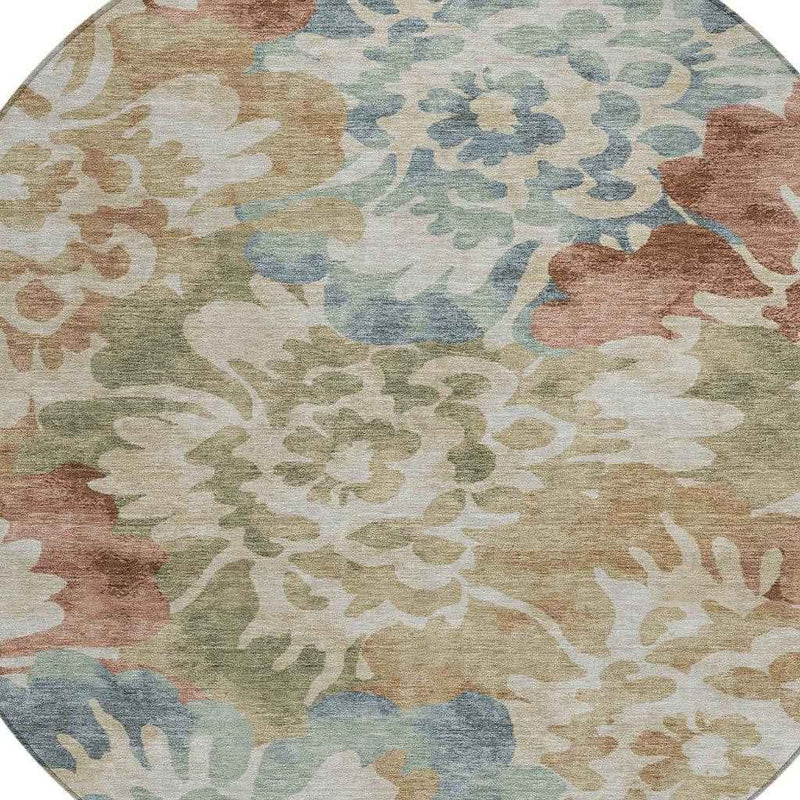 8' Rust And Beige Round Floral Washable Indoor Outdoor Area Rug