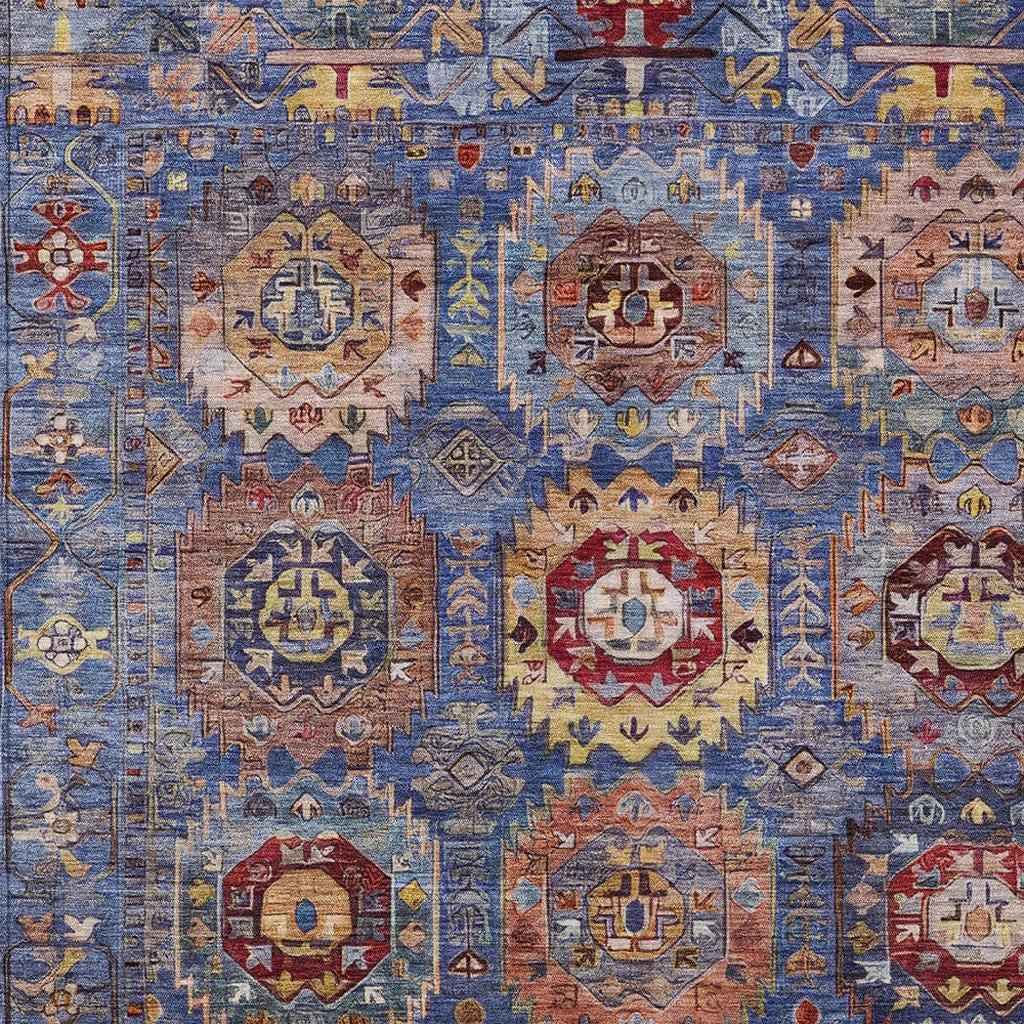 8' X 10' Denim Blue Merlot And Gold Medallion Washable Indoor Outdoor Area Rug