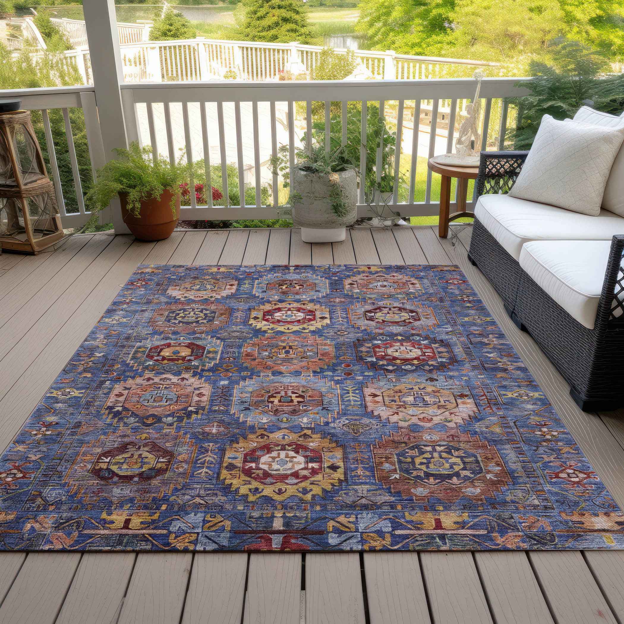 3' X 5' Denim Blue Merlot And Gold Medallion Washable Indoor Outdoor Area Rug