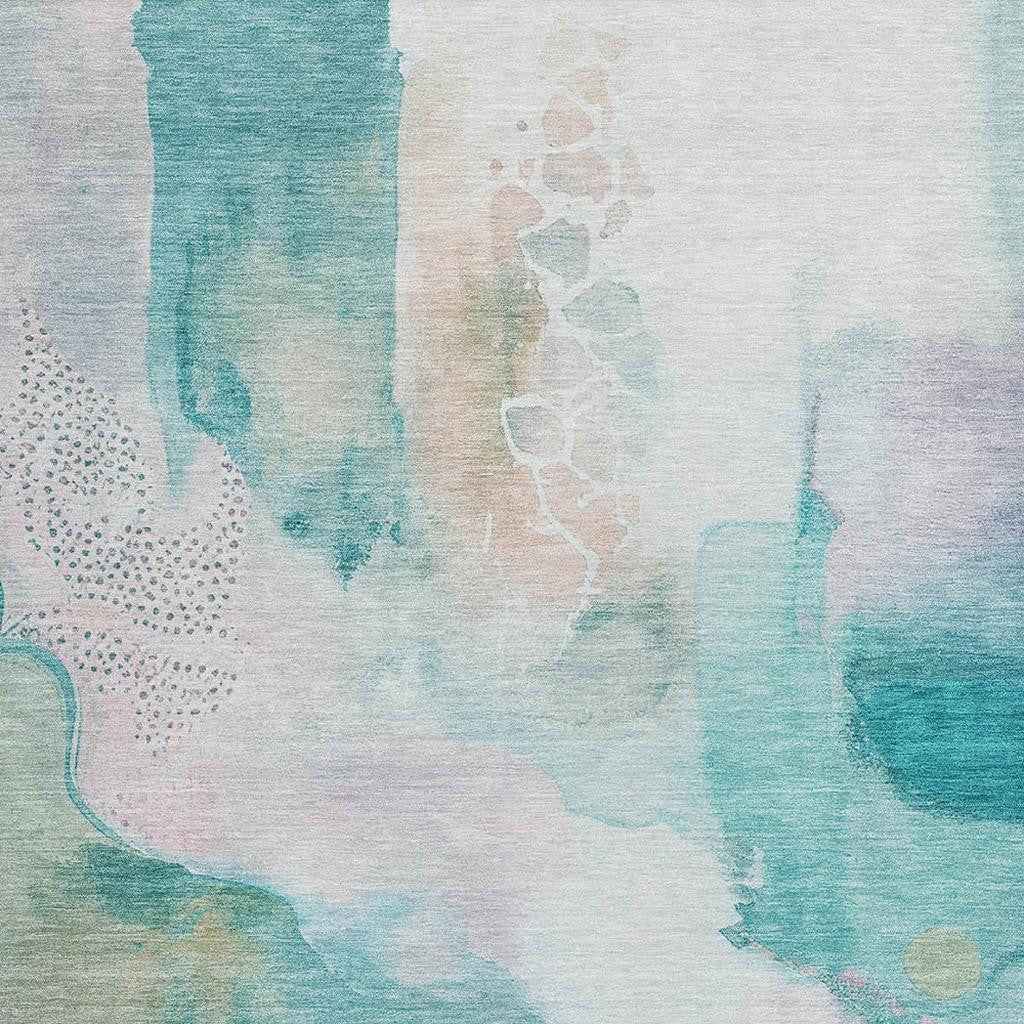 10' X 14' Turquoise Blush And Ivory Abstract Washable Indoor Outdoor Area Rug