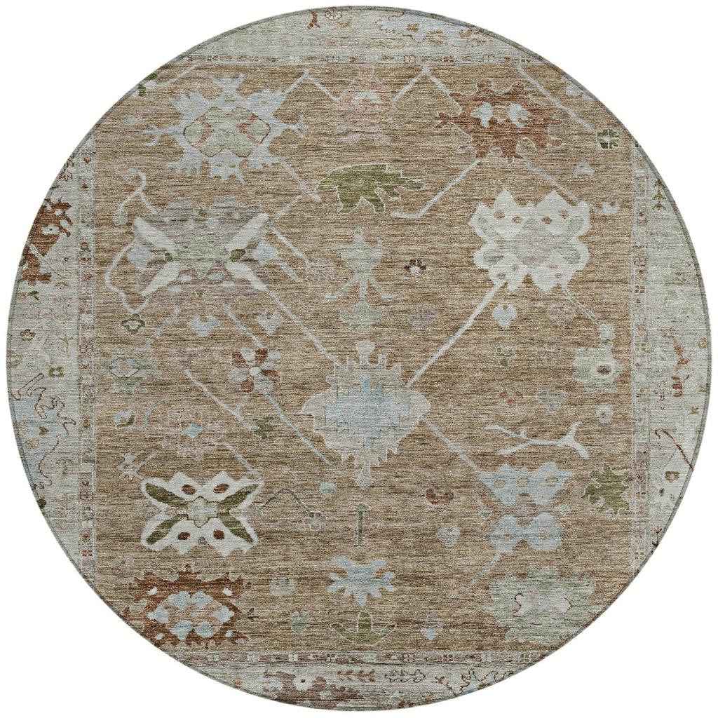 8' Brown And Gray Round Tribal Washable Indoor Outdoor Area Rug