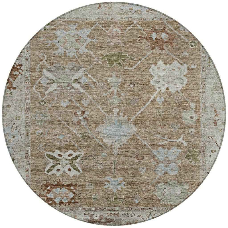 8' Brown And Gray Round Tribal Washable Indoor Outdoor Area Rug