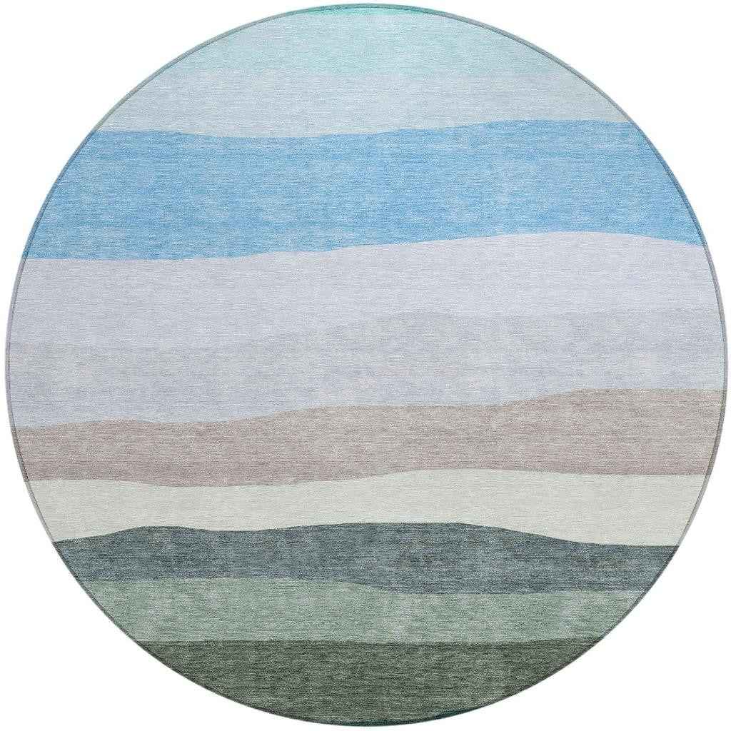 8' Green Blue And Gray Round Striped Washable Indoor Outdoor Area Rug