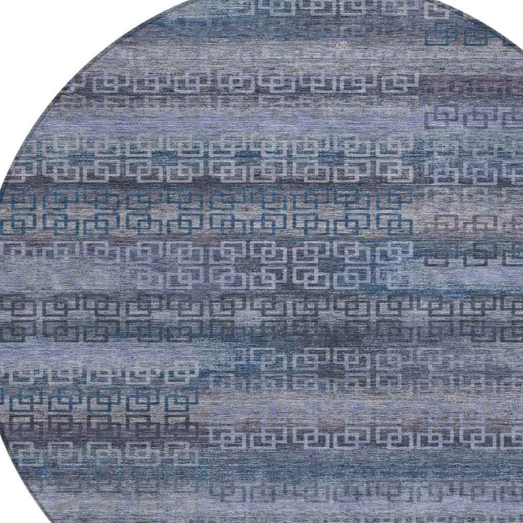 8' Taupe And Blue Round Striped Washable Indoor Outdoor Area Rug