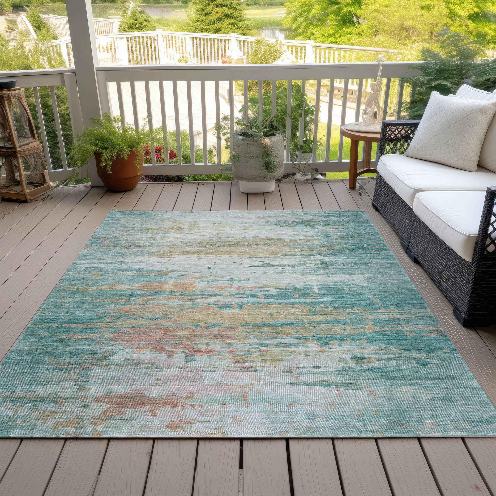 10' X 14' Teal Blue And Beige Abstract Washable Indoor Outdoor Area Rug