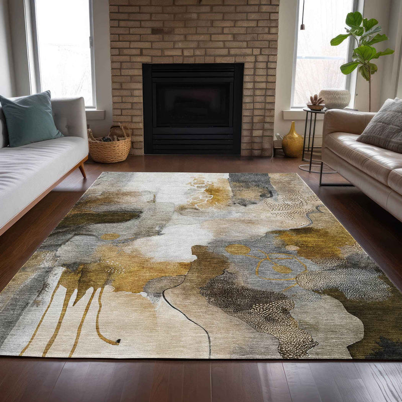 10' X 14' Brown Charcoal And Ivory Abstract Washable Indoor Outdoor Area Rug