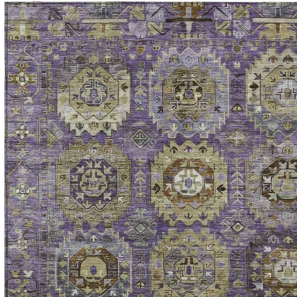 3' X 5' Eggplant Lavender And Olive Green Medallion Washable Indoor Outdoor Area Rug