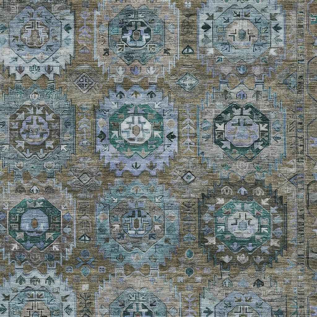 3' X 5' Brown Gray And Teal Blue Medallion Washable Indoor Outdoor Area Rug