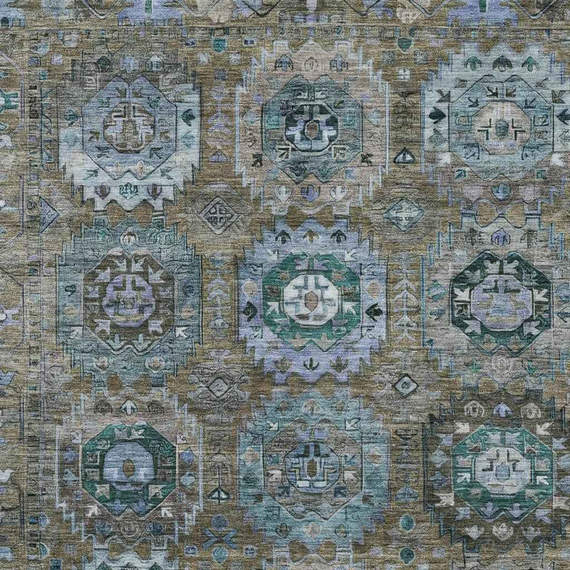 9' X 12' Brown Gray And Teal Blue Medallion Washable Indoor Outdoor Area Rug